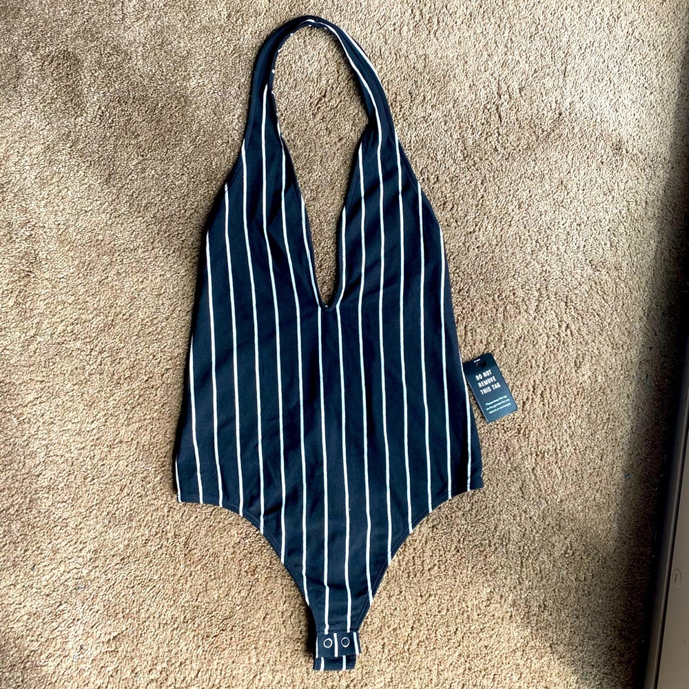 EXPRESS (Brand New - Never Worn) Deep-V Striped Halter Bodysuit